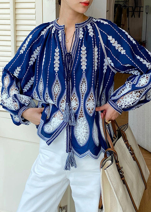 Loose Blue Hollow Out Lace Up Cotton Blouses Spring