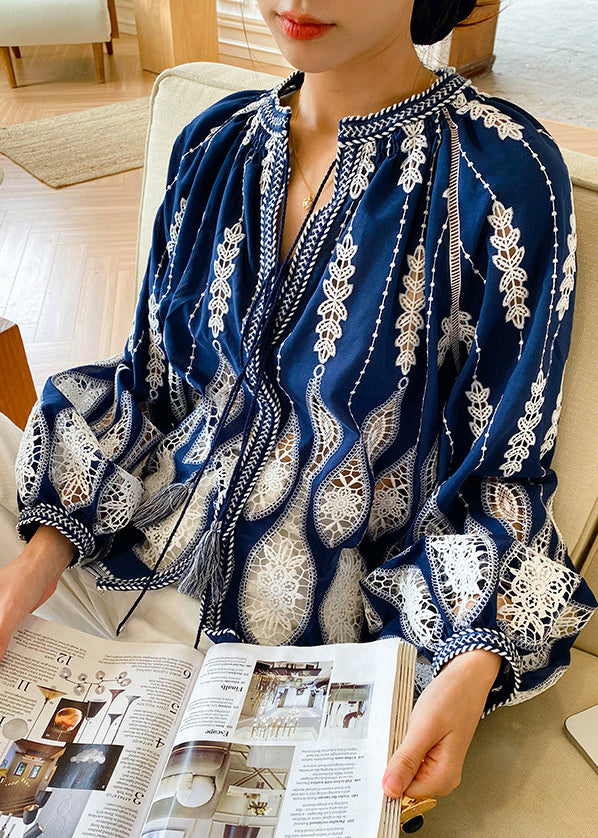 Loose Blue Hollow Out Lace Up Cotton Blouses Spring