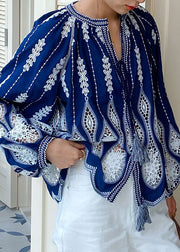 Loose Blue Hollow Out Lace Up Cotton Blouses Spring