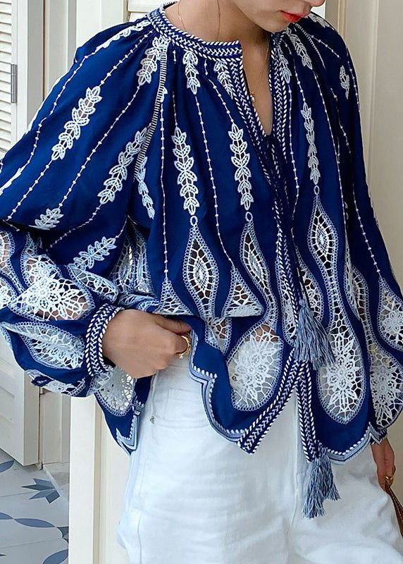 Loose Blue Hollow Out Lace Up Cotton Blouses Spring