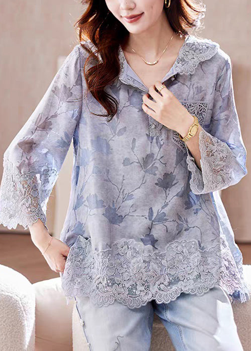 Loose Blue Hooded Print Lace Patchwork Cotton T Shirt Fall