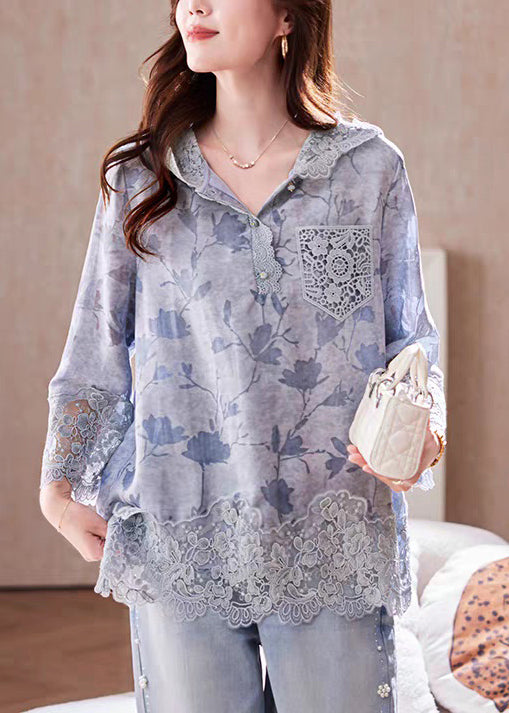 Loose Blue Hooded Print Lace Patchwork Cotton T Shirt Fall