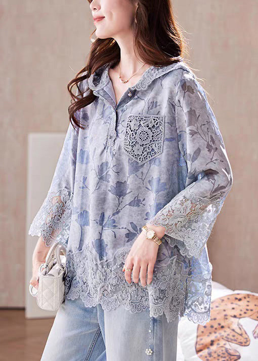 Loose Blue Hooded Print Lace Patchwork Cotton T Shirt Fall