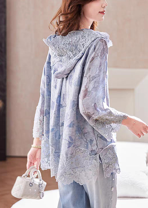 Loose Blue Hooded Print Lace Patchwork Cotton T Shirt Fall