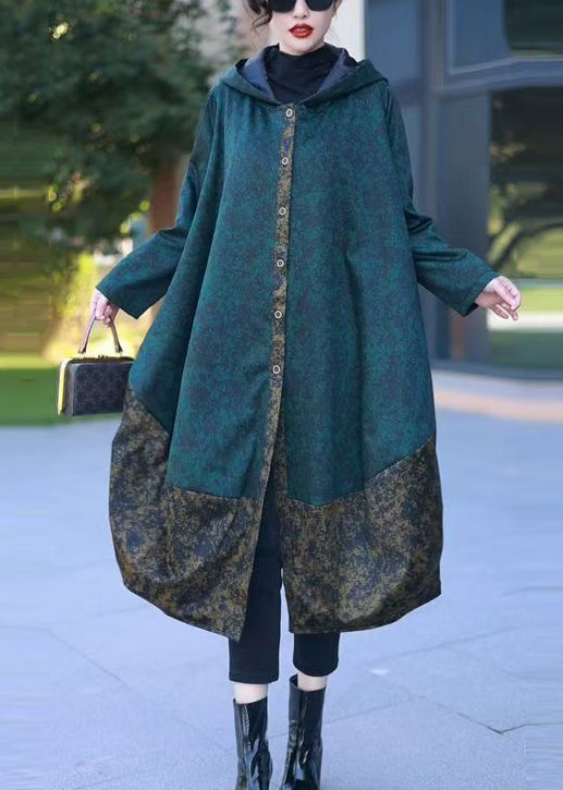 Loose Blue Hooded Print Patchwork Cotton Coats Winter