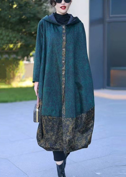 Loose Blue Hooded Print Patchwork Cotton Coats Winter