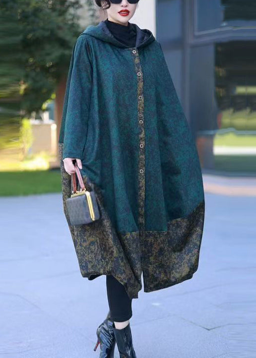Loose Blue Hooded Print Patchwork Cotton Coats Winter
