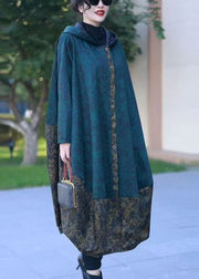Loose Blue Hooded Print Patchwork Cotton Coats Winter