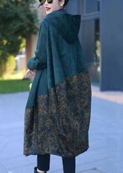 Loose Blue Hooded Print Patchwork Cotton Coats Winter