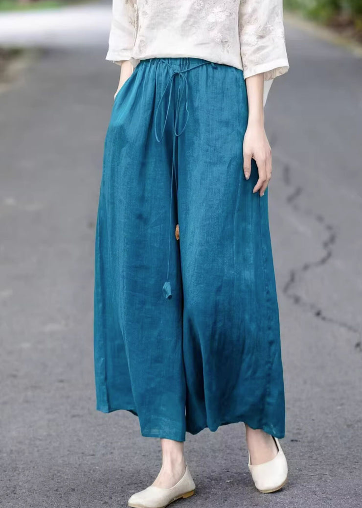 Loose Blue Lace Up Elastic Waist Cotton Wide Leg Pants Summer