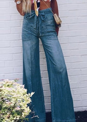 Loose Blue Lace Up High Waist Denim Wide Leg Pants Spring