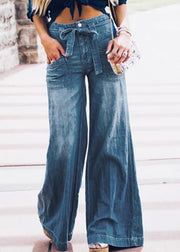 Loose Blue Lace Up High Waist Denim Wide Leg Pants Spring