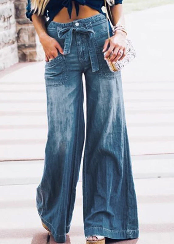 Loose Blue Lace Up High Waist Denim Wide Leg Pants Spring