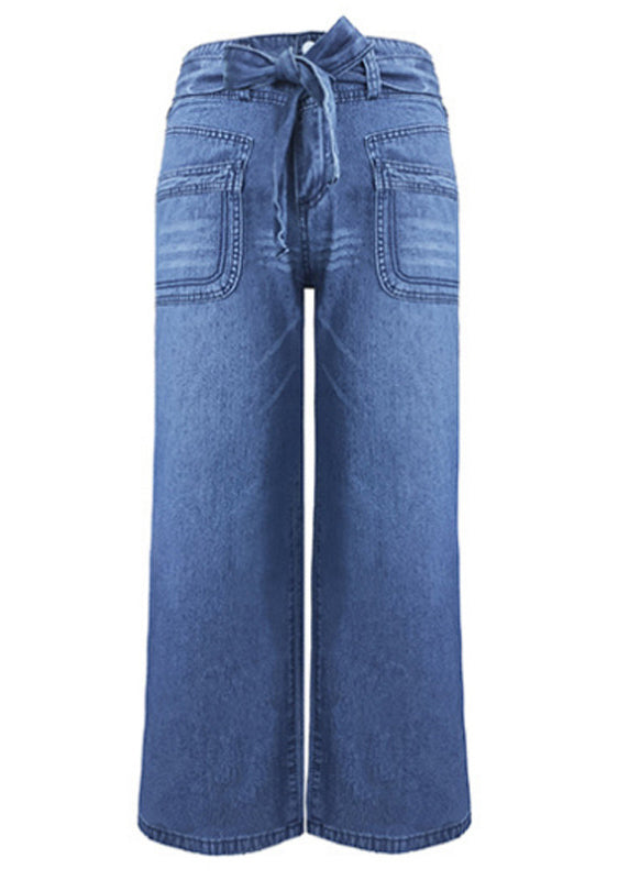 Loose Blue Lace Up High Waist Denim Wide Leg Pants Spring