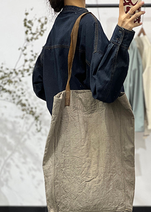Loose Blue O-Neck Button Pockets Denim Shirt Fall