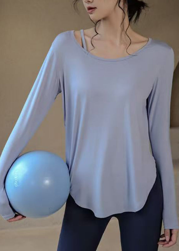 Loose Blue O-Neck Patchwork Solid Yoga Top Fall