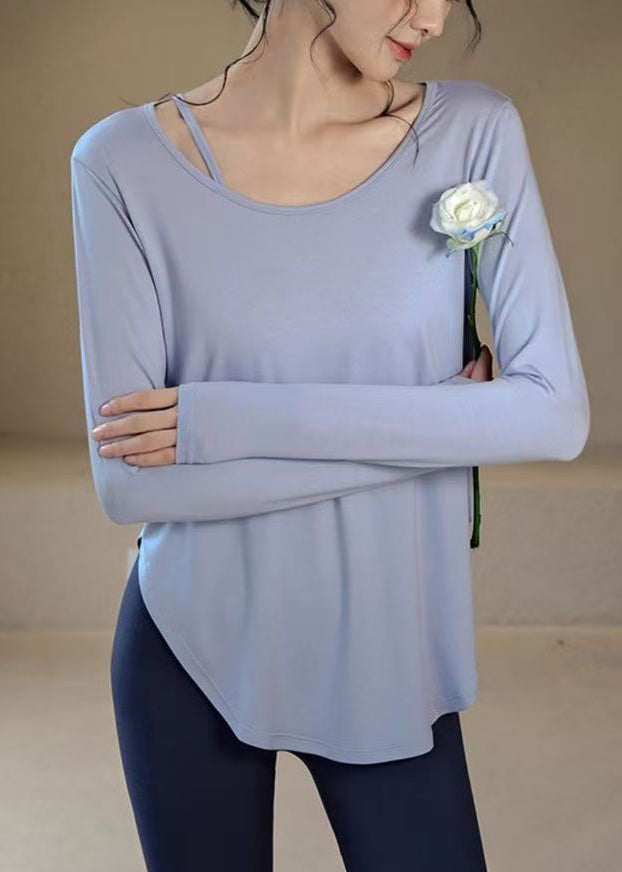 Loose Blue O-Neck Patchwork Solid Yoga Top Fall
