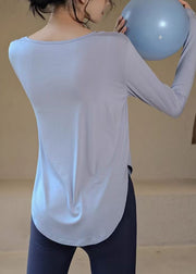 Loose Blue O-Neck Patchwork Solid Yoga Top Fall