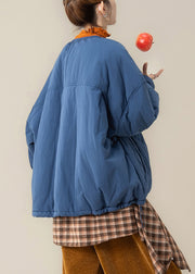 Loose Blue O Neck Pockets Drawstring Cotton Filled Parka Winter