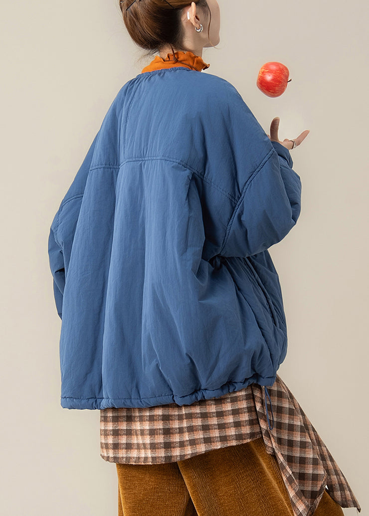 Loose Blue O Neck Pockets Drawstring Cotton Filled Parka Winter