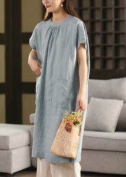 Loose Blue O-Neck Pockets Linen Dresses Summe