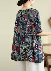 Loose Blue O-Neck Print Shirt Top Summer