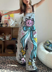 Loose Blue Patchwork Tie Dye Little Cats Pockets Denim Jumpsuit Summer