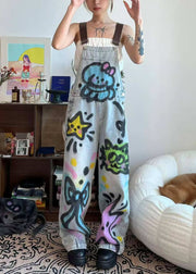 Loose Blue Patchwork Tie Dye Little Cats Pockets Denim Jumpsuit Summer