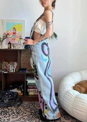 Loose Blue Patchwork Tie Dye Little Cats Pockets Denim Jumpsuit Summer