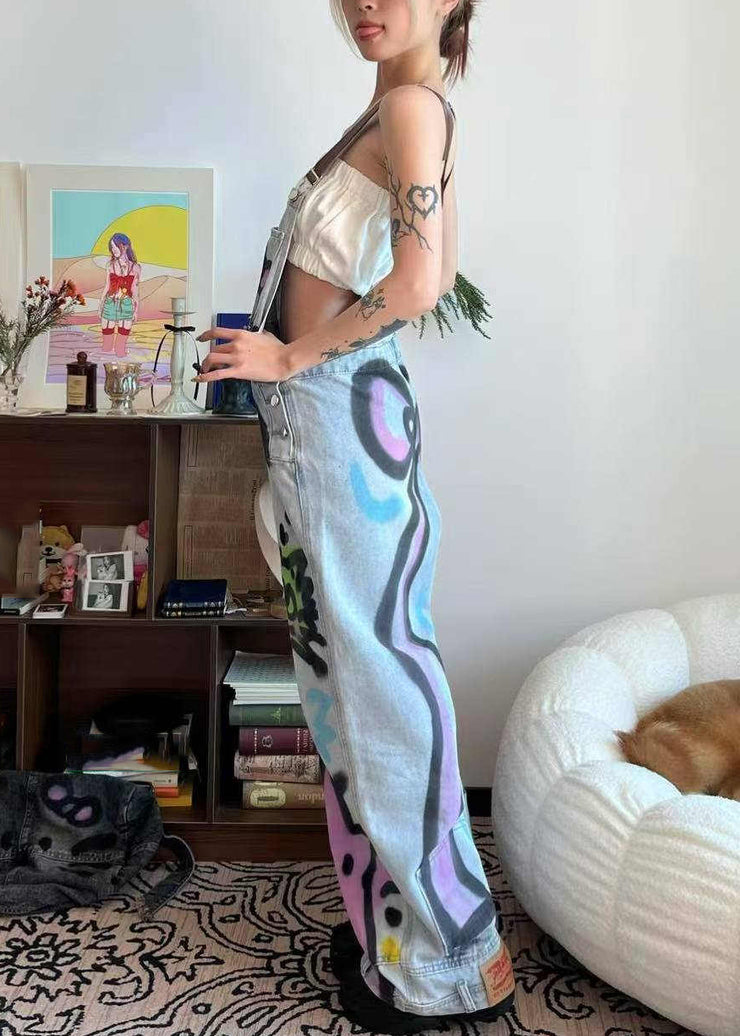 Loose Blue Patchwork Tie Dye Little Cats Pockets Denim Jumpsuit Summer