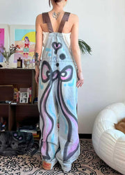 Loose Blue Patchwork Tie Dye Little Cats Pockets Denim Jumpsuit Summer