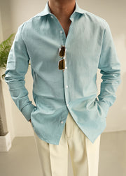 Loose Blue Peter Pan Collar Button Cotton Men Shirts Fall