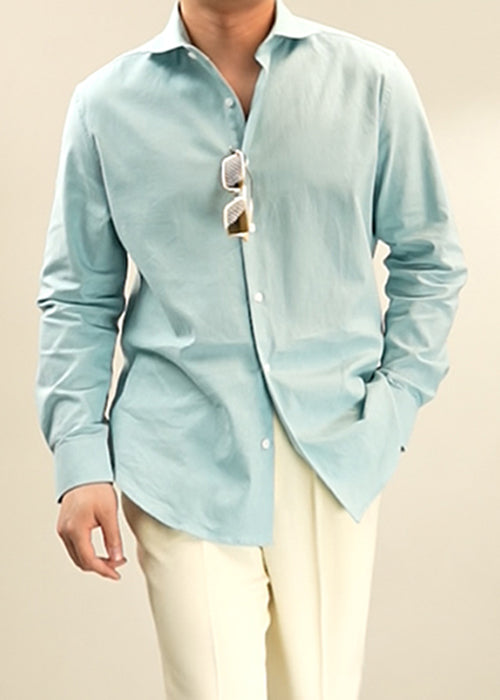 Loose Blue Peter Pan Collar Button Cotton Men Shirts Fall