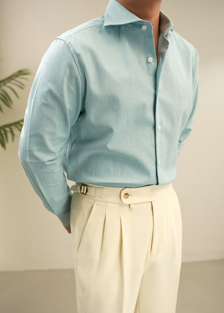 Loose Blue Peter Pan Collar Button Cotton Men Shirts Fall