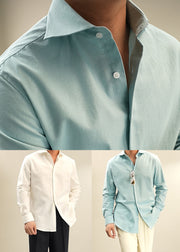 Loose Blue Peter Pan Collar Button Cotton Men Shirts Fall