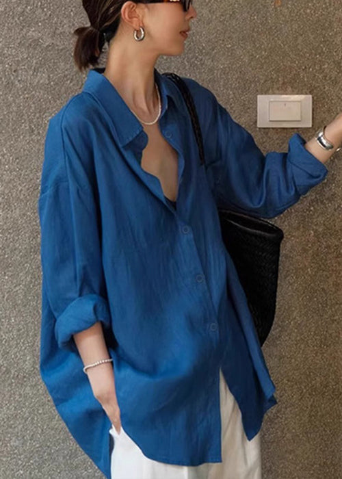 Loose Blue Peter Pan Collar Button Cotton Shirt Fall