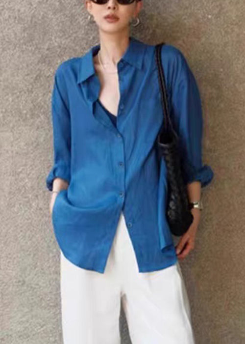 Loose Blue Peter Pan Collar Button Cotton Shirt Fall