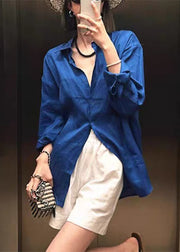 Loose Blue Peter Pan Collar Button Cotton Shirt Fall