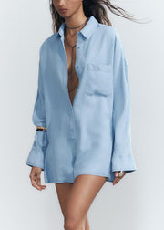 Loose Blue Peter Pan Collar Button Denim Jumpsuit Fall
