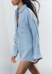 Loose Blue Peter Pan Collar Button Denim Jumpsuit Fall