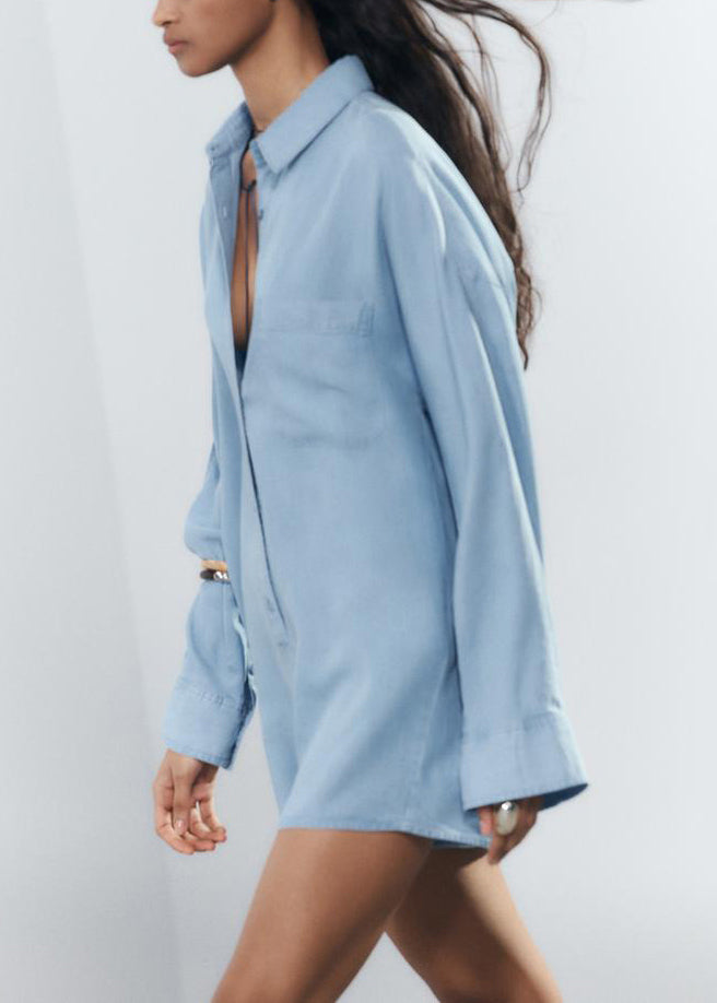 Loose Blue Peter Pan Collar Button Denim Jumpsuit Fall