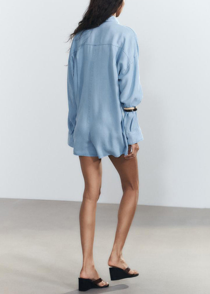Loose Blue Peter Pan Collar Button Denim Jumpsuit Fall