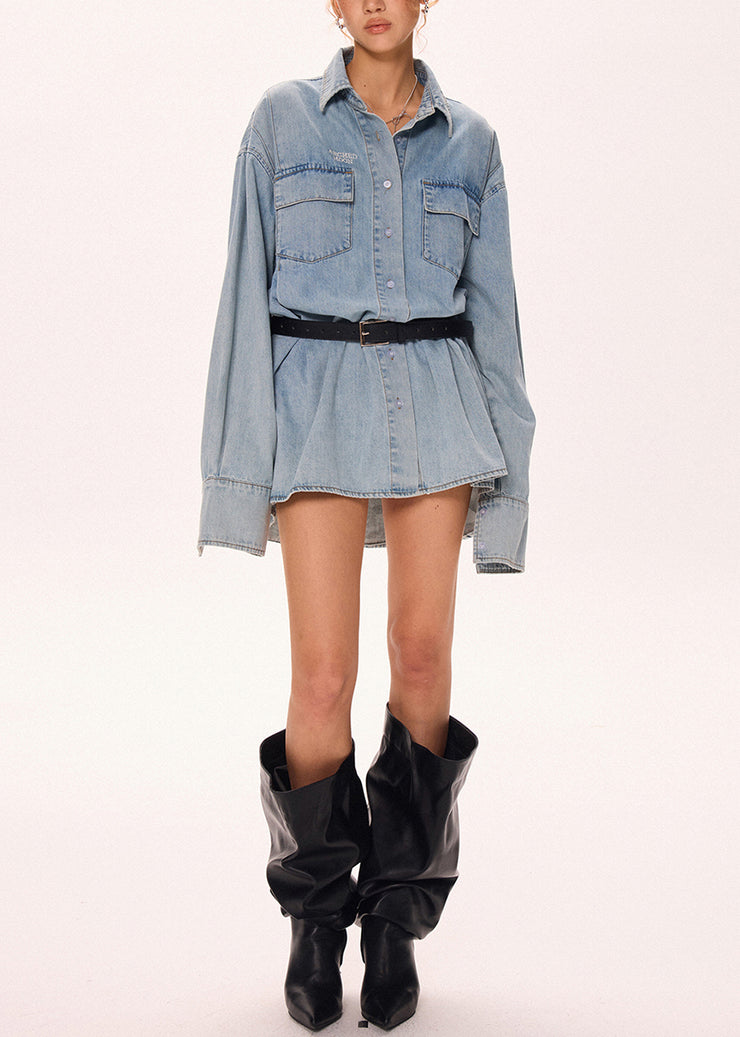 Loose Blue Peter Pan Collar Button Denim Shirts Dress Fall