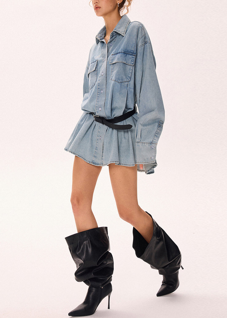 Loose Blue Peter Pan Collar Button Denim Shirts Dress Fall
