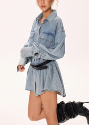 Loose Blue Peter Pan Collar Button Denim Shirts Dress Fall