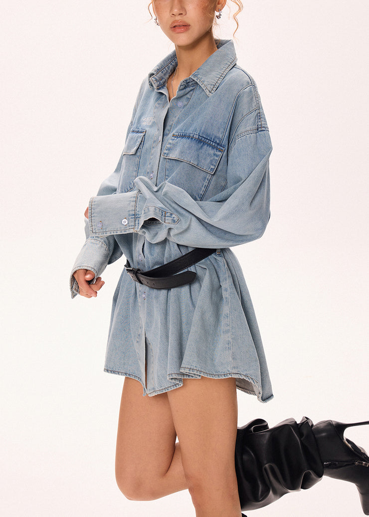 Loose Blue Peter Pan Collar Button Denim Shirts Dress Fall