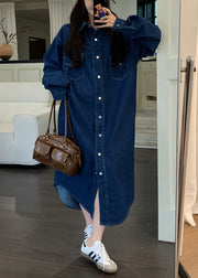 Loose Blue Peter Pan Collar Button Denim Shirts Dresses Fall