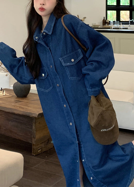 Loose Blue Peter Pan Collar Button Denim Shirts Dresses Fall