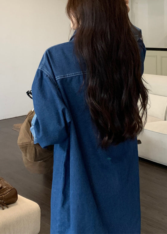 Loose Blue Peter Pan Collar Button Denim Shirts Dresses Fall