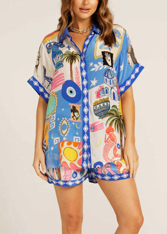 Loose Blue Peter Pan Collar Button Shirts And Shorts Two Pieces Set Summer